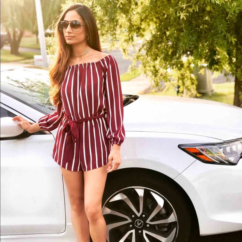 Red & beige striped romper